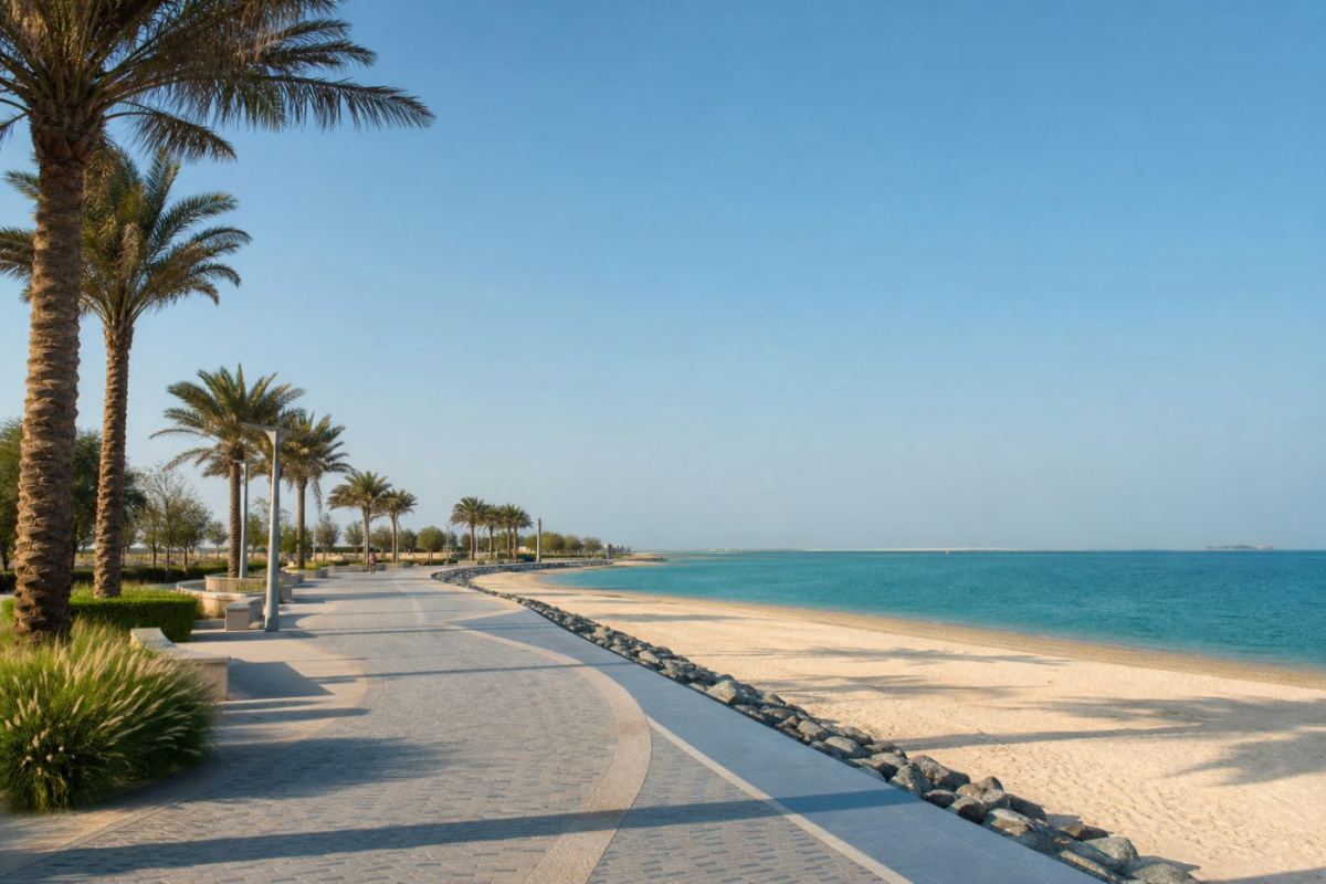 Solig strandpromenad längs Persiska viken i Abu Dhabi med palmer och lugnt turkost vatten