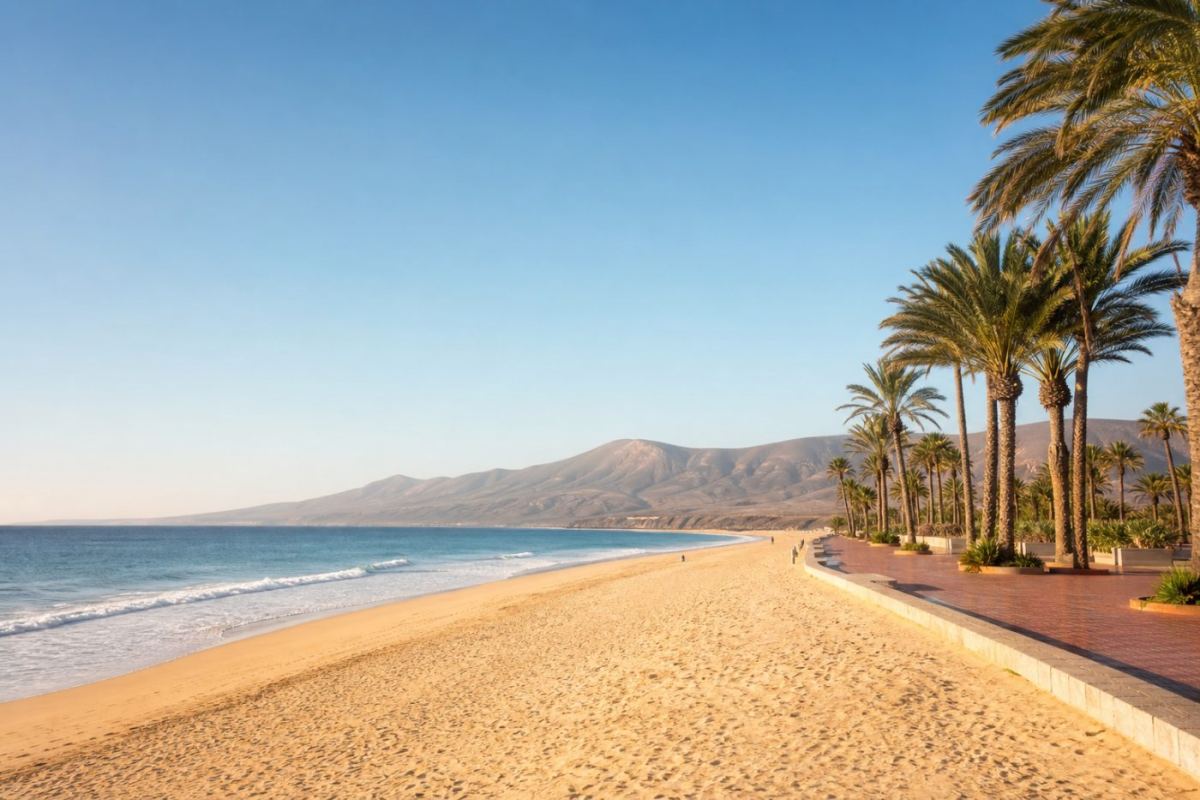 Lång sandstrand i Agadir med palmer längs strandpromenaden och Atlantens vågor i solnedgång