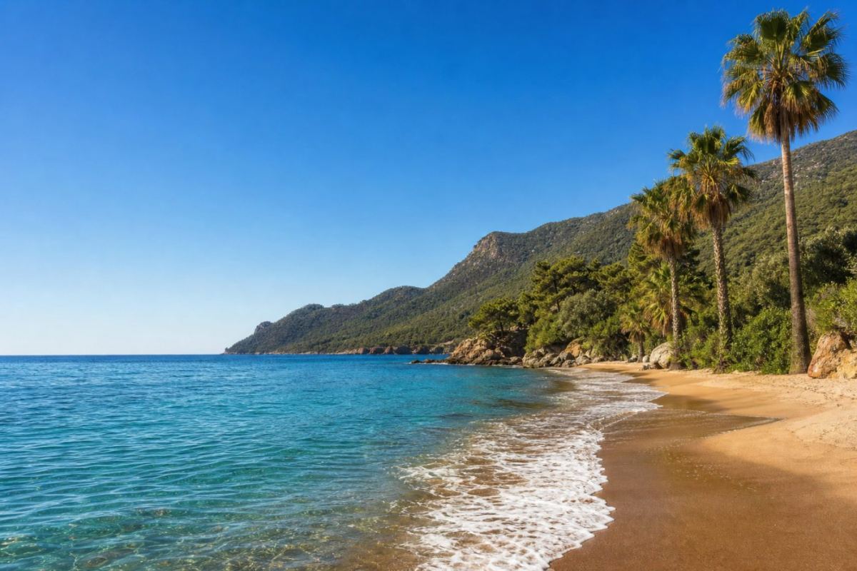 Sandstrand i Alanya med turkost Medelhav och bergiga sluttningar i bakgrunden