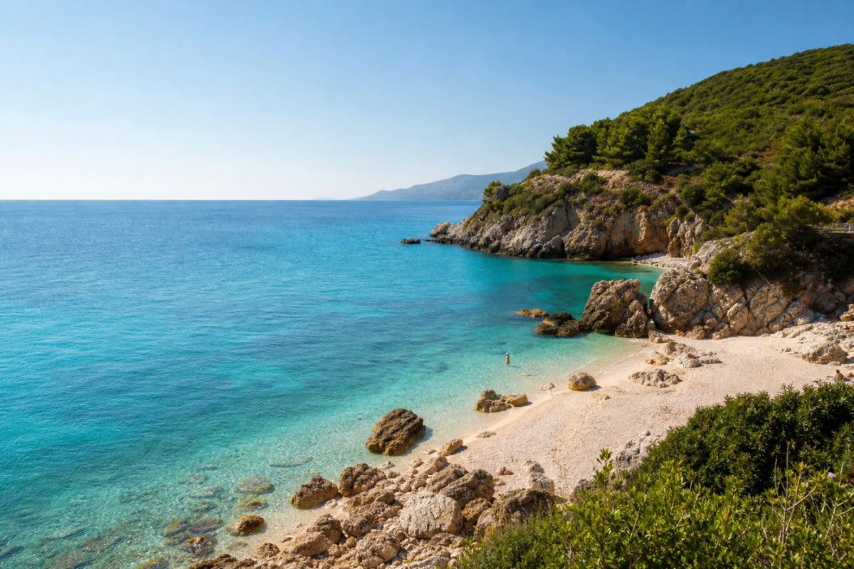 Turkost havsvatten och klippig kust längs den albanska rivieran en solig sommardag