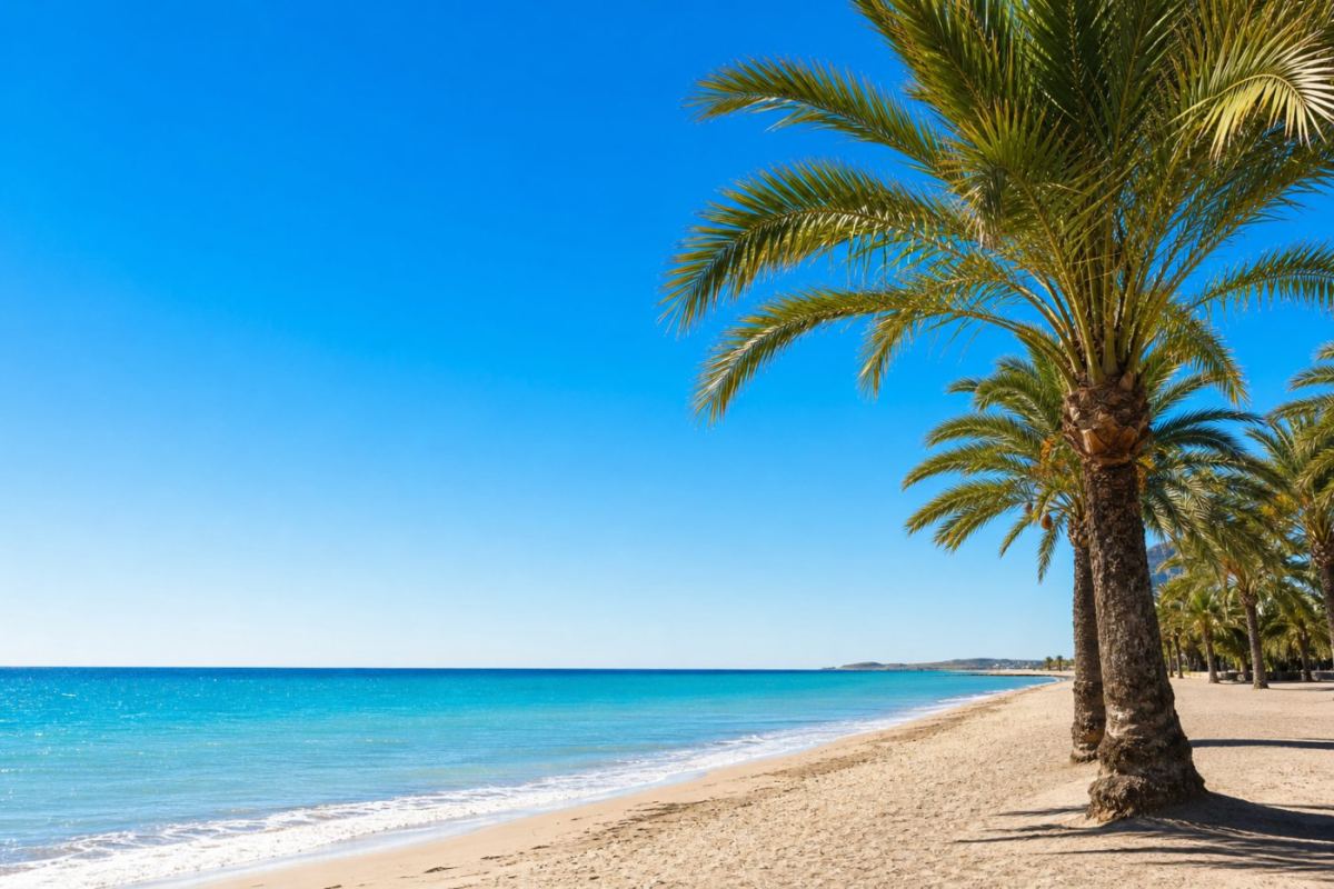 Solig strandpromenad med palmer och turkost medelhav i Alicante en sommardag
