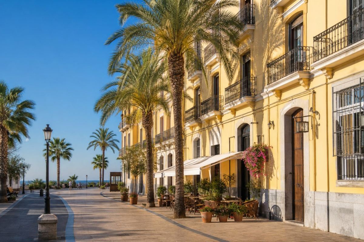 Solig medelhavsgata med palmer och uteserveringar i Barcelona