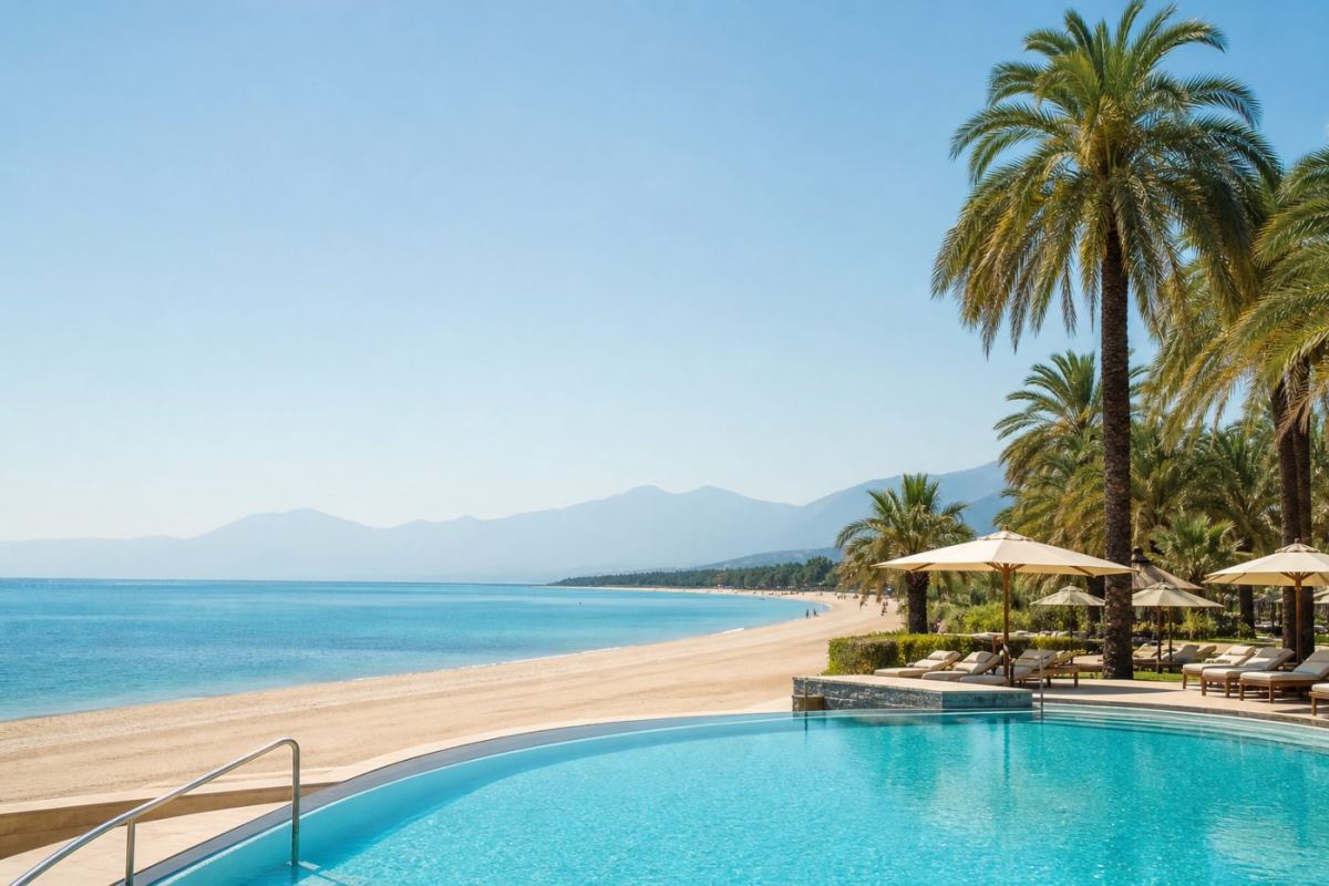 Soldränkt sandstrand i Belek med pooler, palmer och Medelhavet i bakgrunden