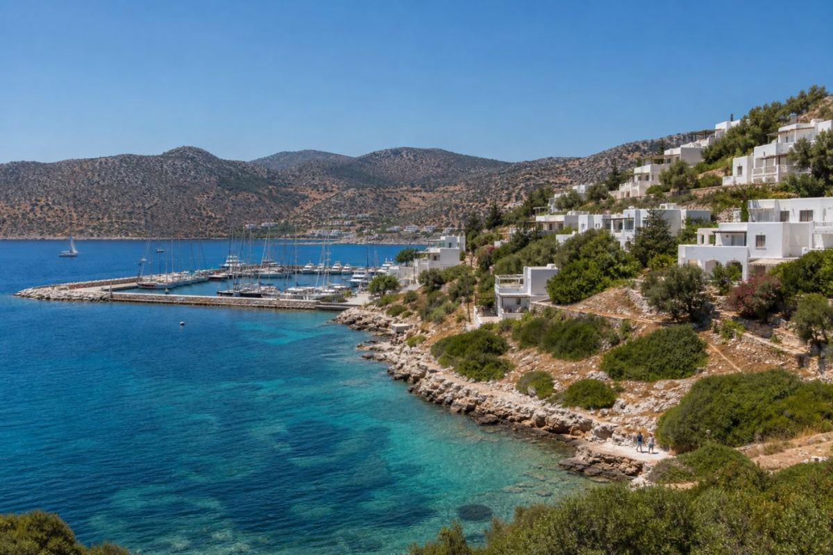 Solig marina i Bodrum med vita hus och segelbåtar längs den turkiska egeiska kusten