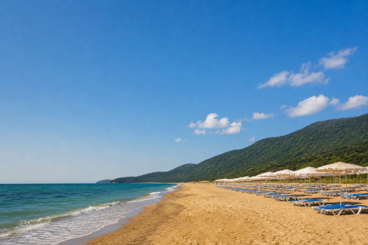 Långgrund sandstrand vid Svartahavskusten i Bulgarien med solstolar och turkost vatten en solig sommardag