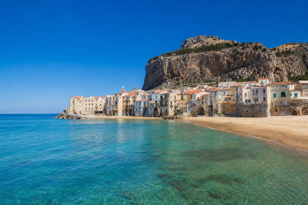 Gyllene sandstrand framför en medeltida kuststad på Sicilien med en hög klippa i bakgrunden under blå sommarhimmel