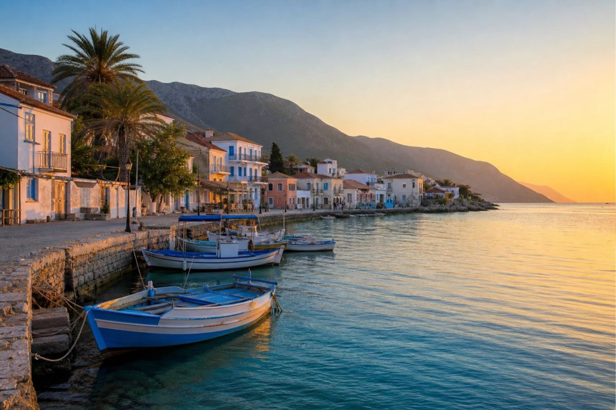 Den venetianska gamla hamnen i Chania på Kreta med fiskebåtar, fyr och pastellfärgade hus i kvällsljus