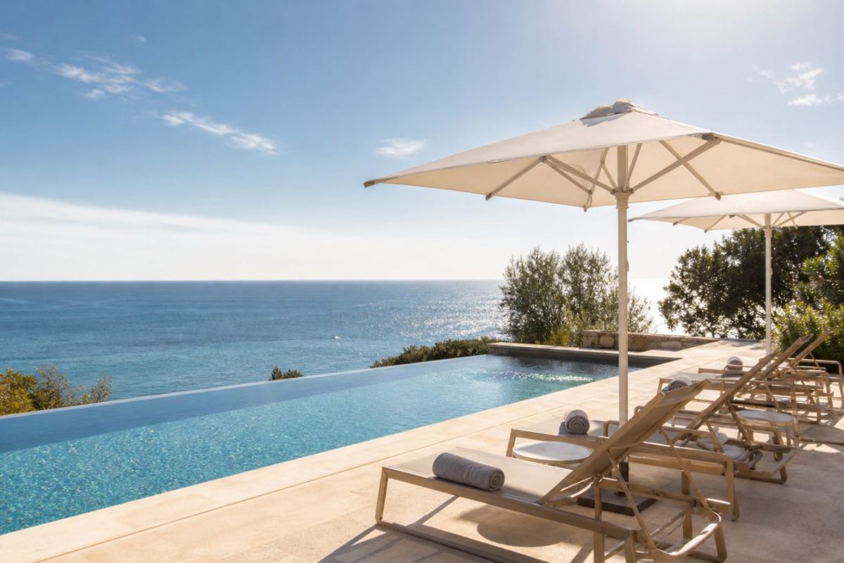 Solstolar och parasoll vid en poolkant framför havet på en varm charterdestination