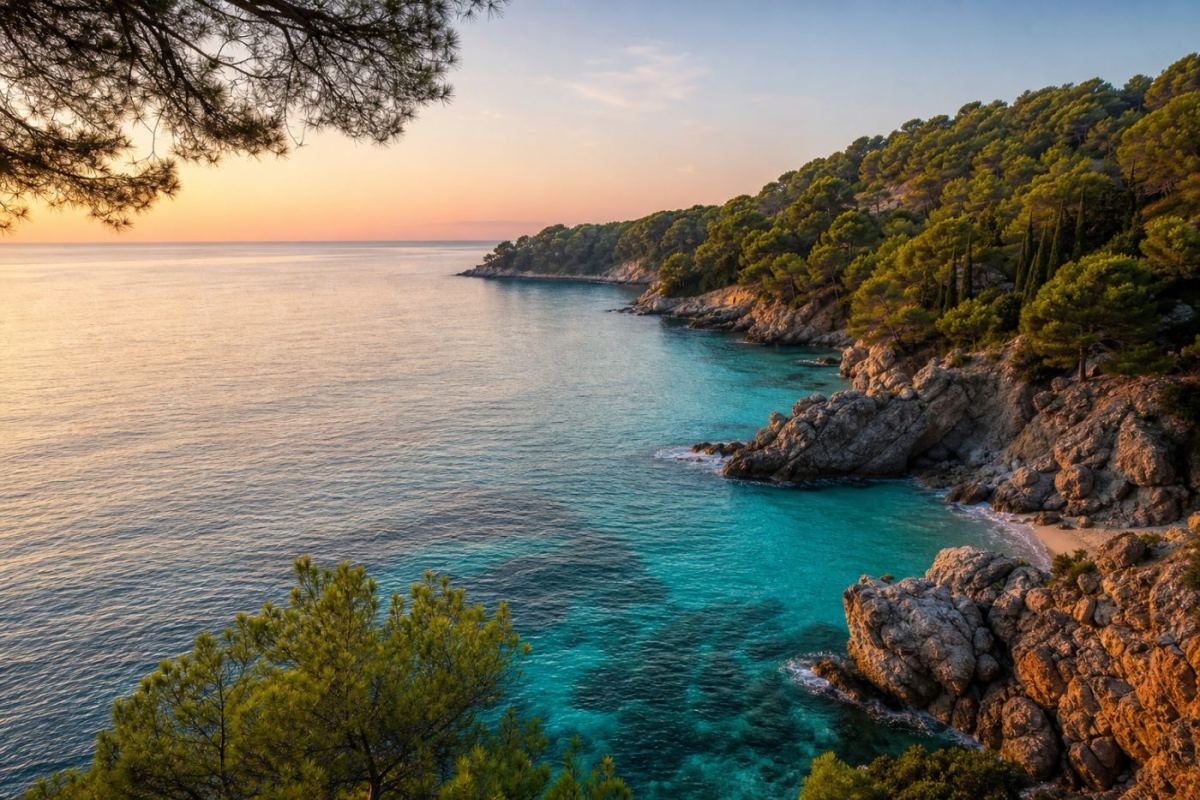 Klippig vik med turkost vatten och pinjeträd längs Costa Bravas kust i Spanien