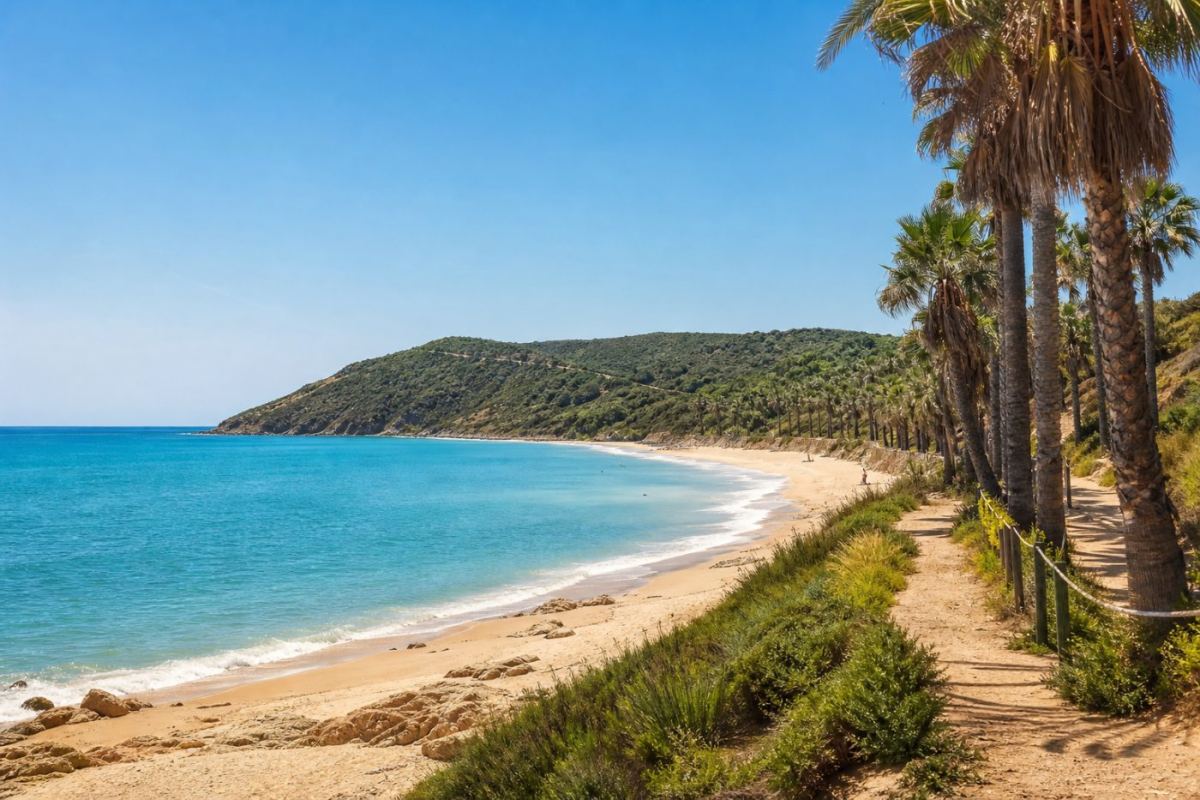 Solig strandpromenad med palmer längs Medelhavet på Costa del Sol i Andalusien