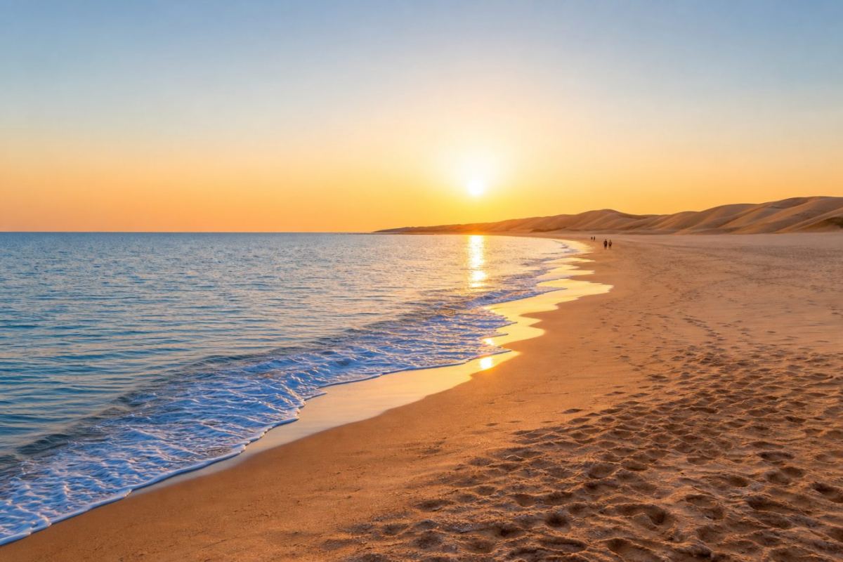 Solnedgång över en bred sandstrand i Dubai med lugnt vatten och ökendyner i bakgrunden