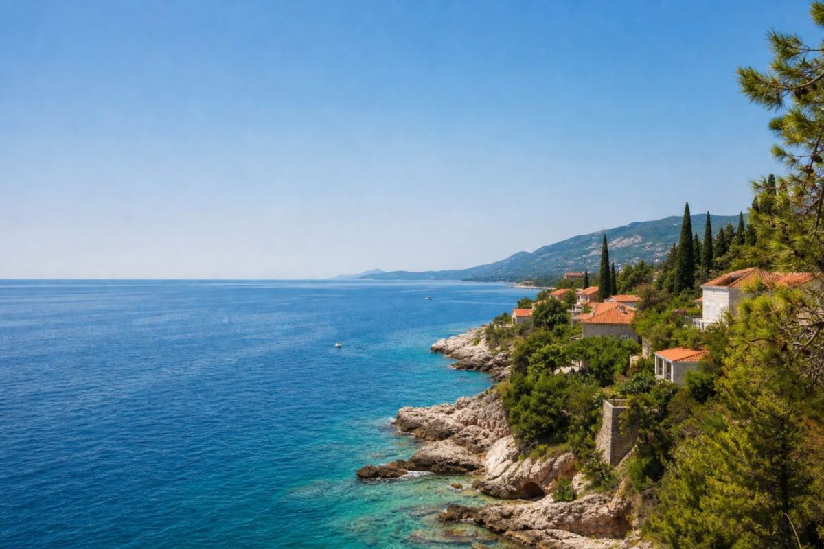 Soligt kustlandskap vid Adriatiska havet med terrakottatak, klippstränder och turkost vatten i södra Kroatien