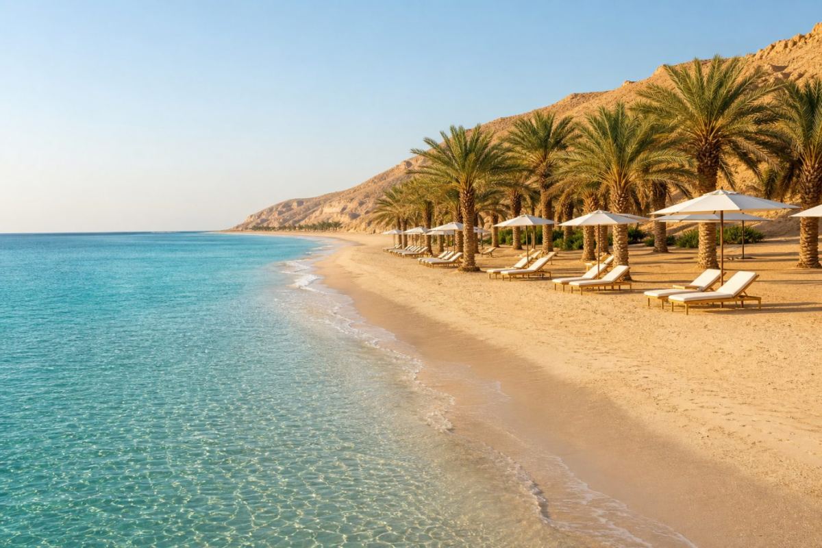 Solstolar på en palmkantad sandstrand vid Röda havets turkosa vatten i Egypten