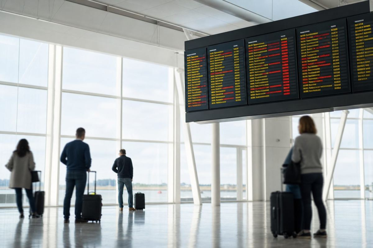 Avgångstavla i en flygplatsterminal som visar försenade och inställda avgångar medan resenärer väntar