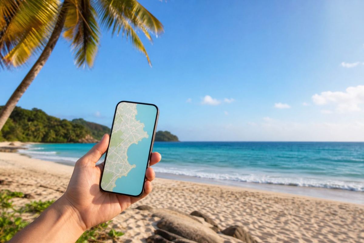 Hand som håller en smartmobil med kartapp framför en solig strand med palmer och hav i bakgrunden