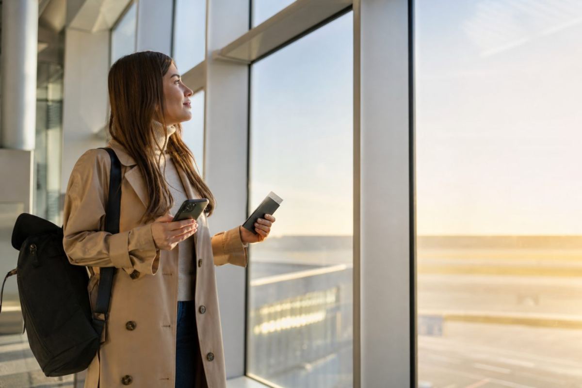Resenär med pass och mobiltelefon vid en avgångshall på en flygplats inför en resa till USA