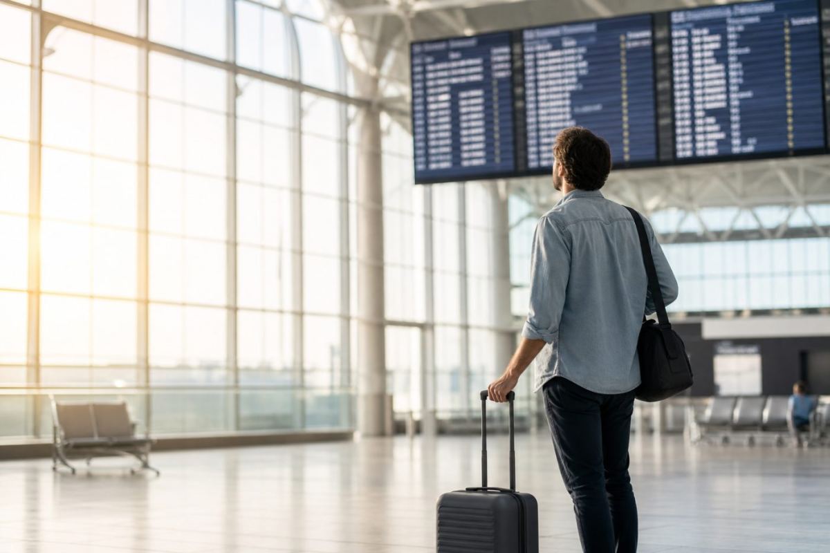 Resenär med liten kabinväska tittar på avgångstavla i en ljus flygplatsterminal inför en sista minuten-resa