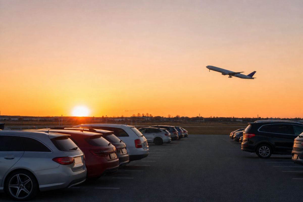 Rader av parkerade bilar på en flygplatsparkering med en startande flygplan i bakgrunden i kvällsljus