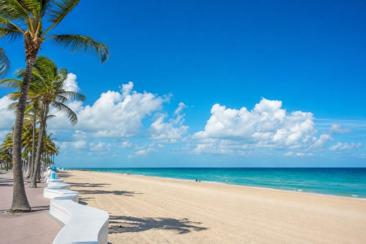 Solig sandstrand med palmer och turkost hav vid Fort Lauderdale i Florida