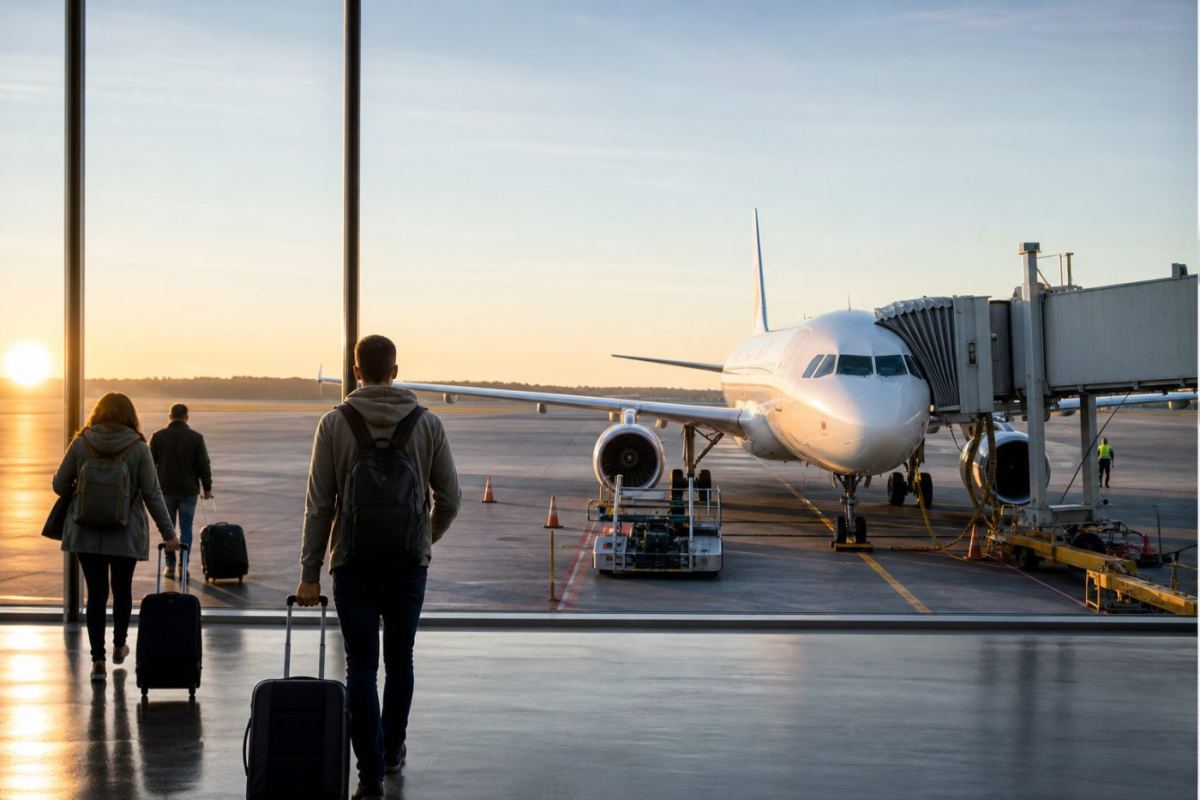 Flygplan vid gate i soluppgång på en flygplats med resenärer på väg mot avgångshallen