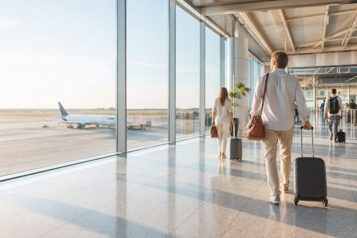 Resenärer med resväskor på väg genom en ljus flygplatsterminal med stora fönster mot startbanan
