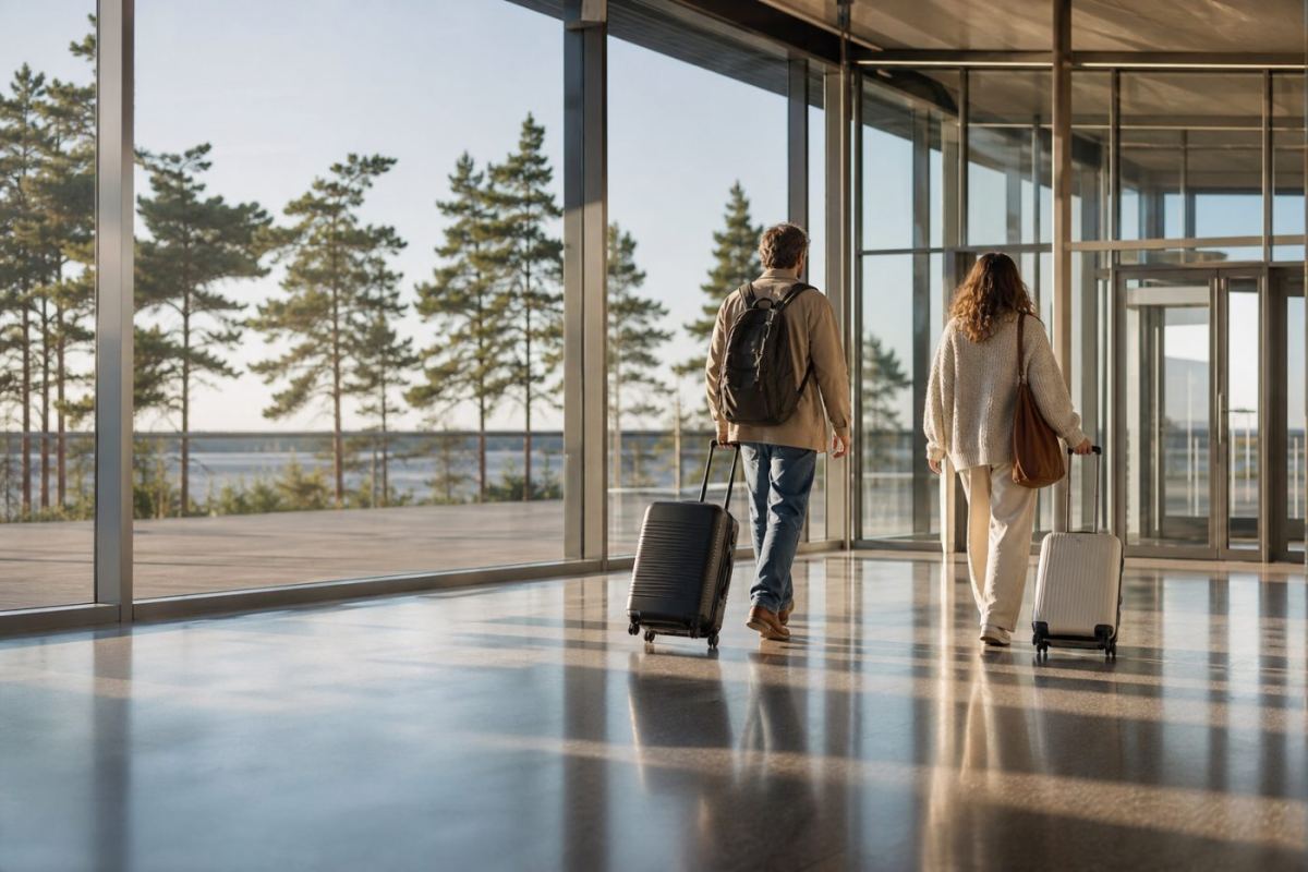 Resenärer med resväskor på väg mot avgångshallen på en flygplats i norra Sverige en sommarmorgon