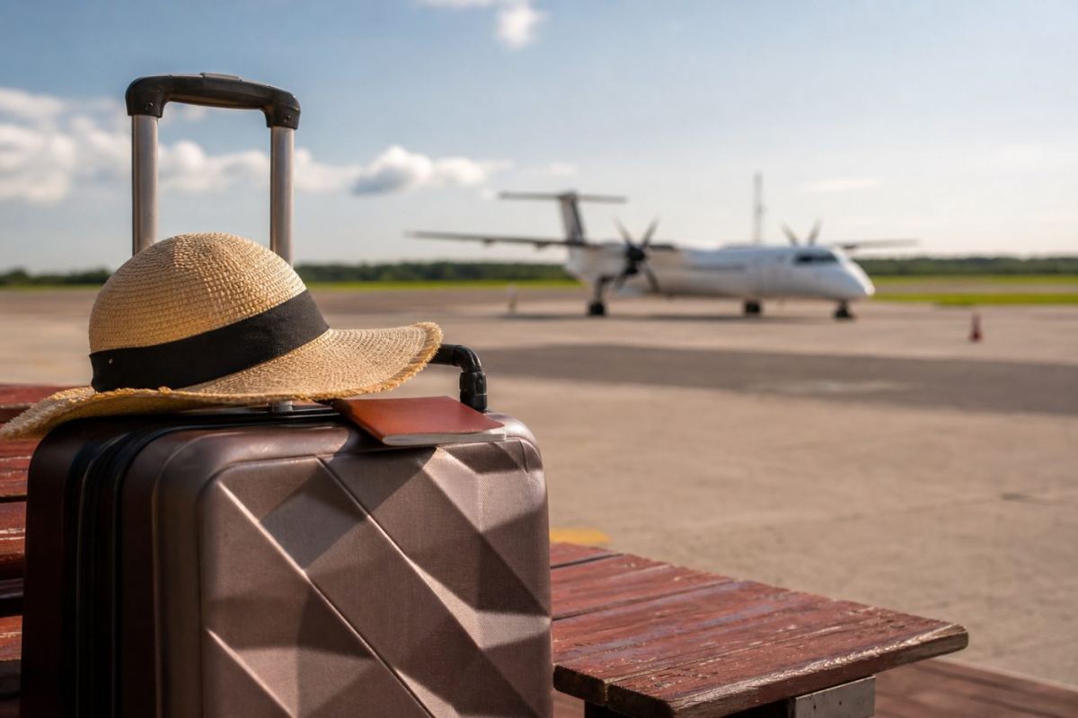Resväska och solhatt vid en mindre regional terminal med flygplan i bakgrunden inför avresa söderut