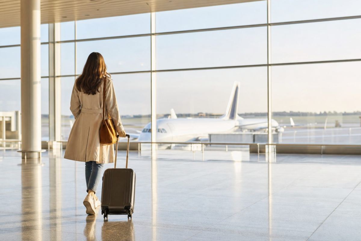 Resenär med kabinväska på väg till gaten på en stor flygplats inför en sista minuten-resa