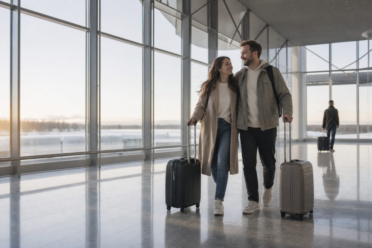 Resenärer med resväskor på en ljus flygplatsterminal i norra Sverige inför avresa mot solen