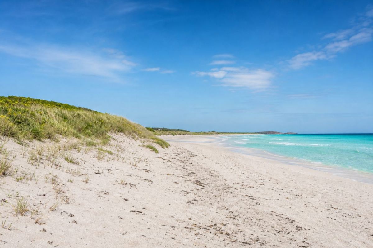 Bred ljus sandstrand med ljusgröna dyner och turkost hav på Fuerteventura en solig dag