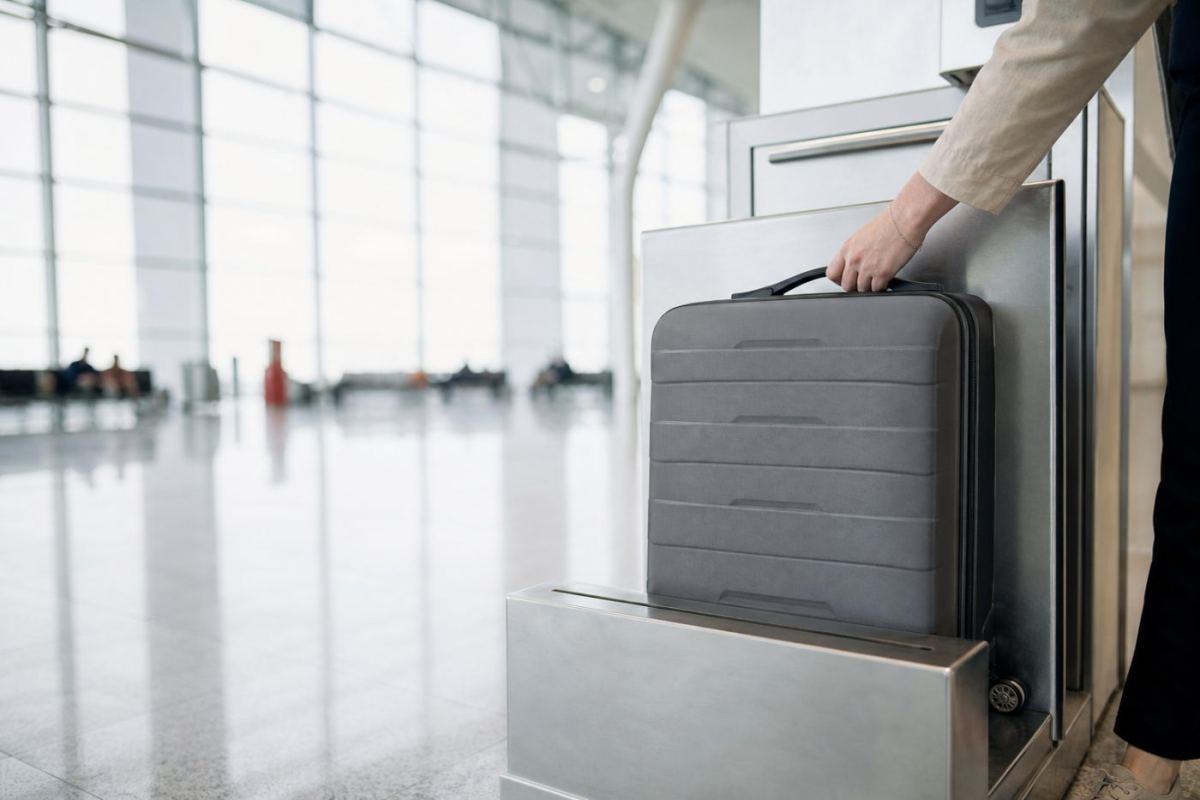 Kabinväska placerad i en mätbänk vid en gate på en flygplats inför ombordstigning