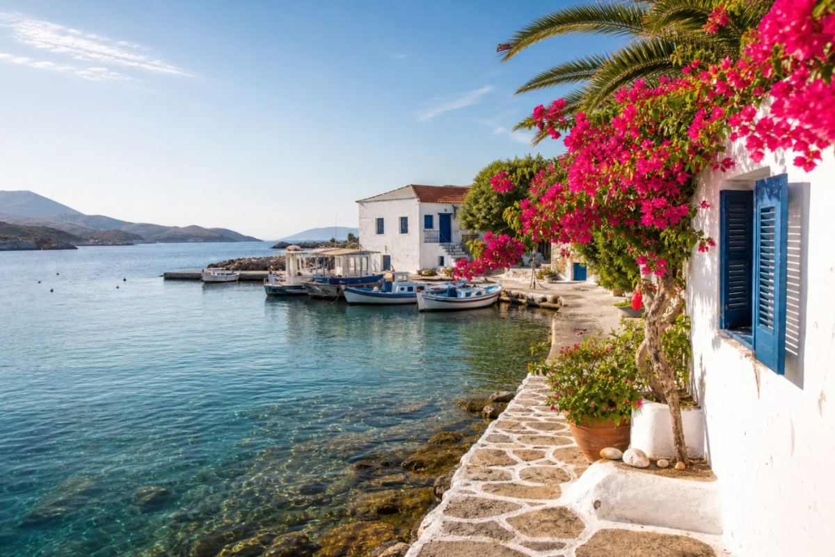 Solig hamn på Kreta med turkost vatten, palmer och vita husfasader i sommarljus
