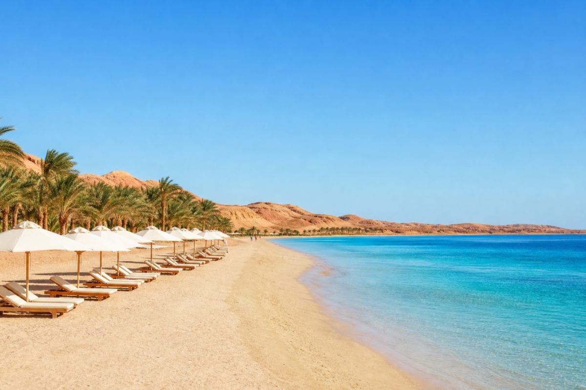 Långgrund sandstrand med solstolar och turkost vatten vid Röda havet i Hurghada