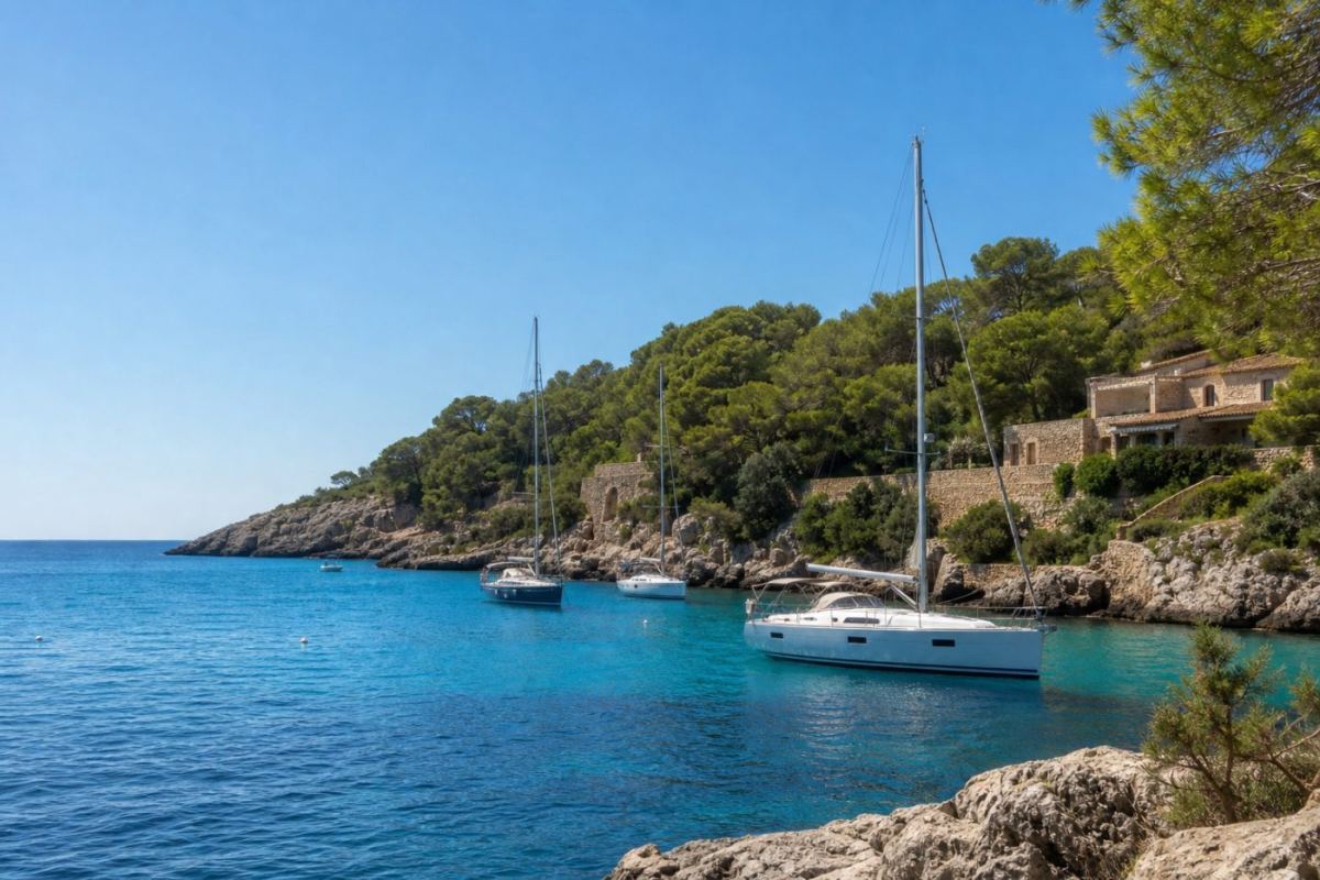 Hamn på den dalmatiska kusten med segelbåtar, klippig strand och soligt medelhavslandskap