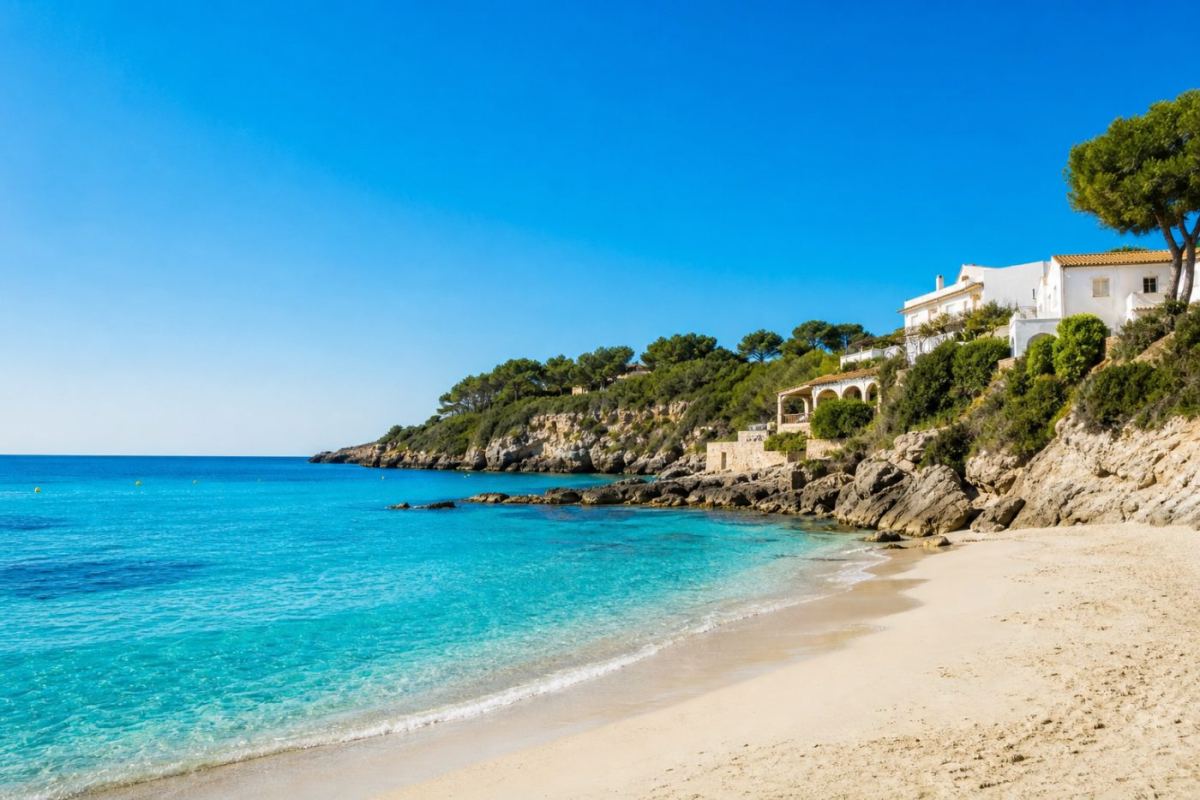 Solbelyst sandstrand med turkost medelhavsvatten och vita husfasader på Ibiza en sommardag