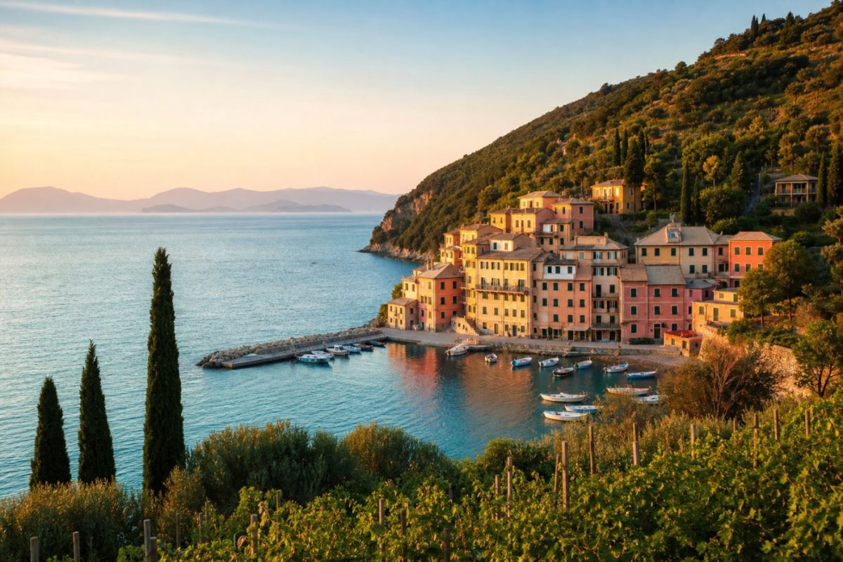 Solbelyst kustby vid Medelhavet i Italien med pastellfärgade hus och fiskebåtar i en liten hamn