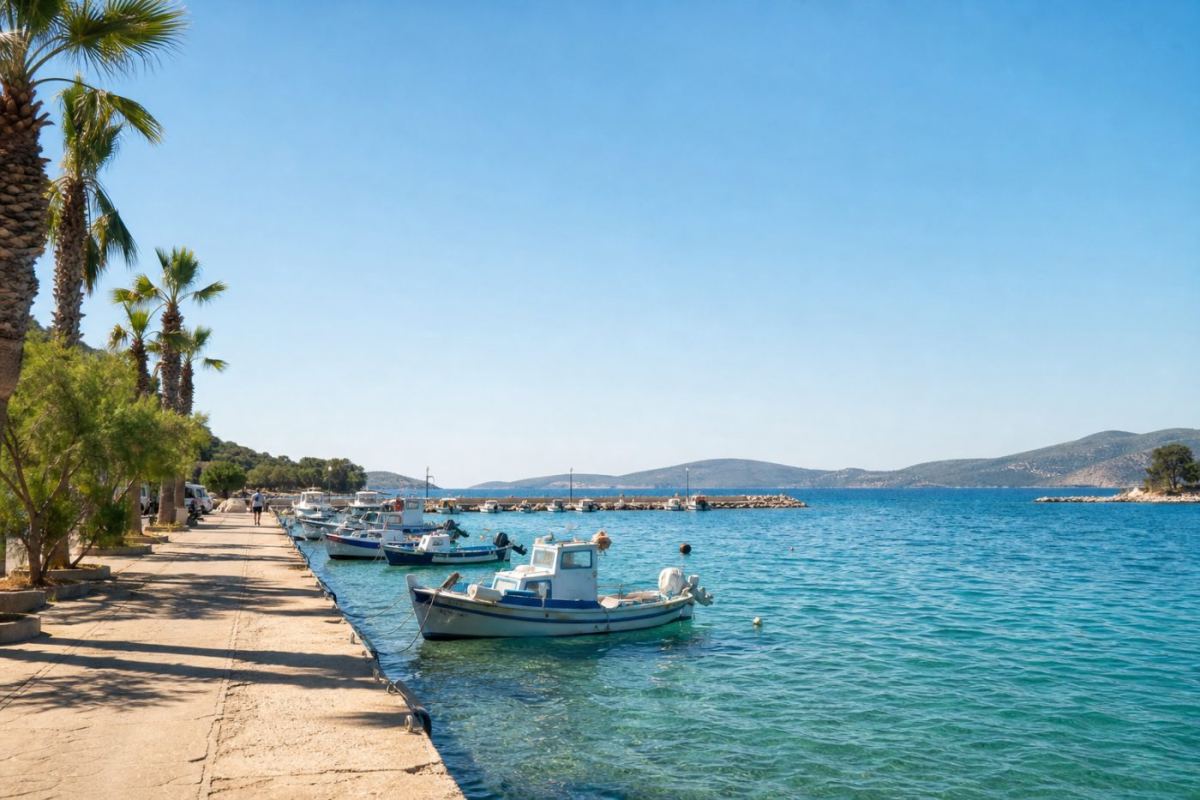 Solig hamnpromenad i Izmir vid Egeiska havet med palmer och badande