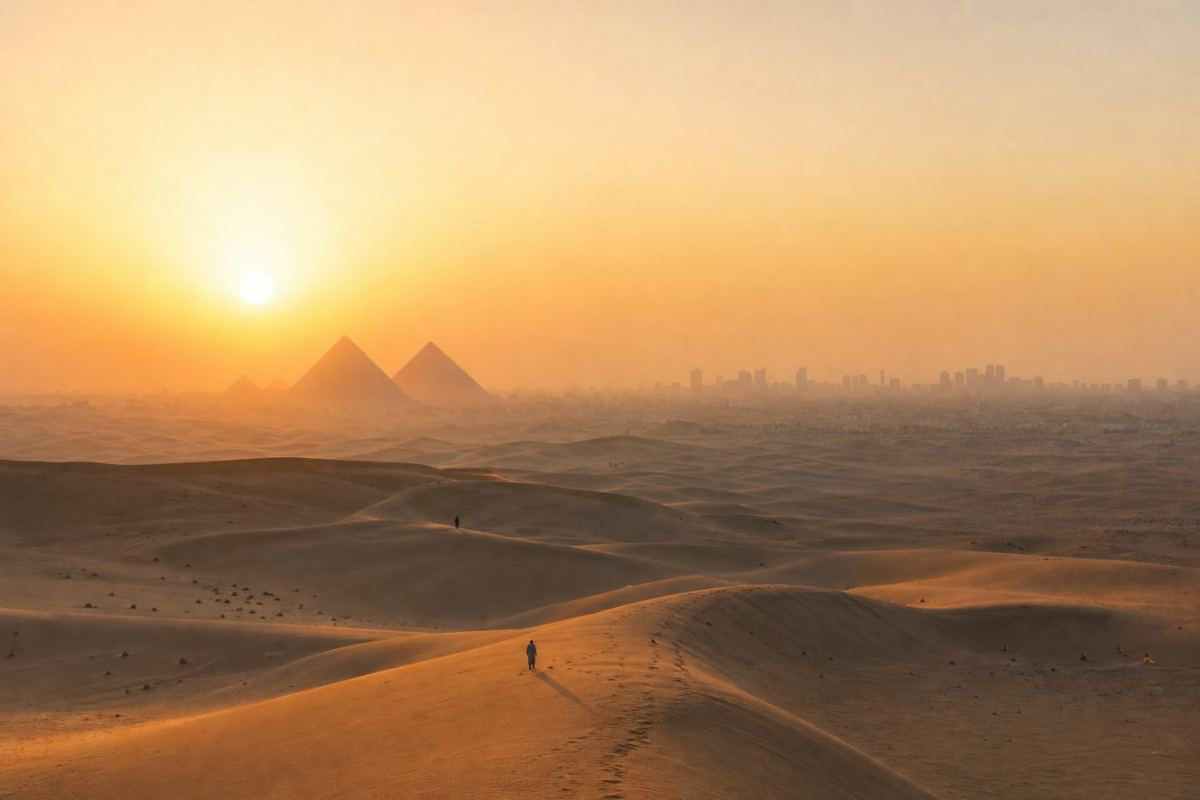 Soluppgång över ökensand och pyramidliknande siluetter nära en storstad i Egypten