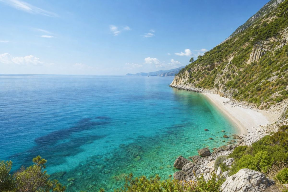 Turkos havsvik på Kefalonia med vit strand omgiven av branta gröna berg en solig sommardag