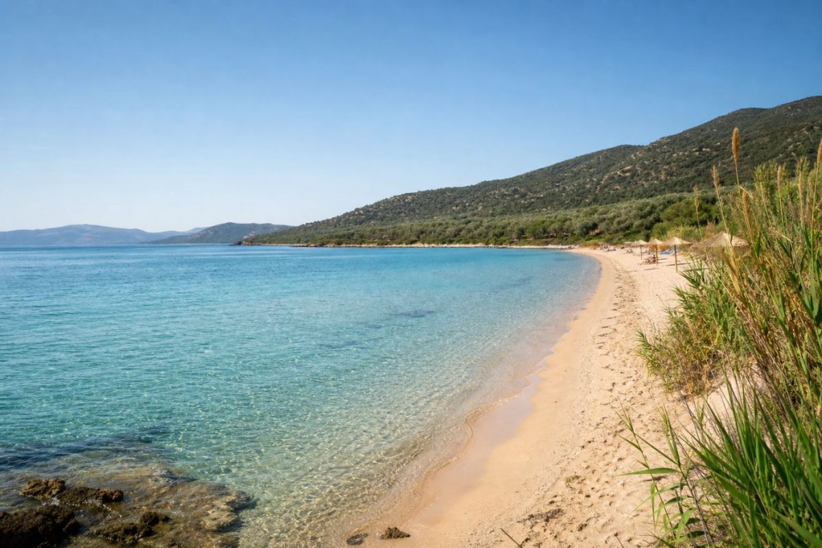 Långgrund sandstrand med turkost vatten och olivklädda kullar på Kos i Grekland