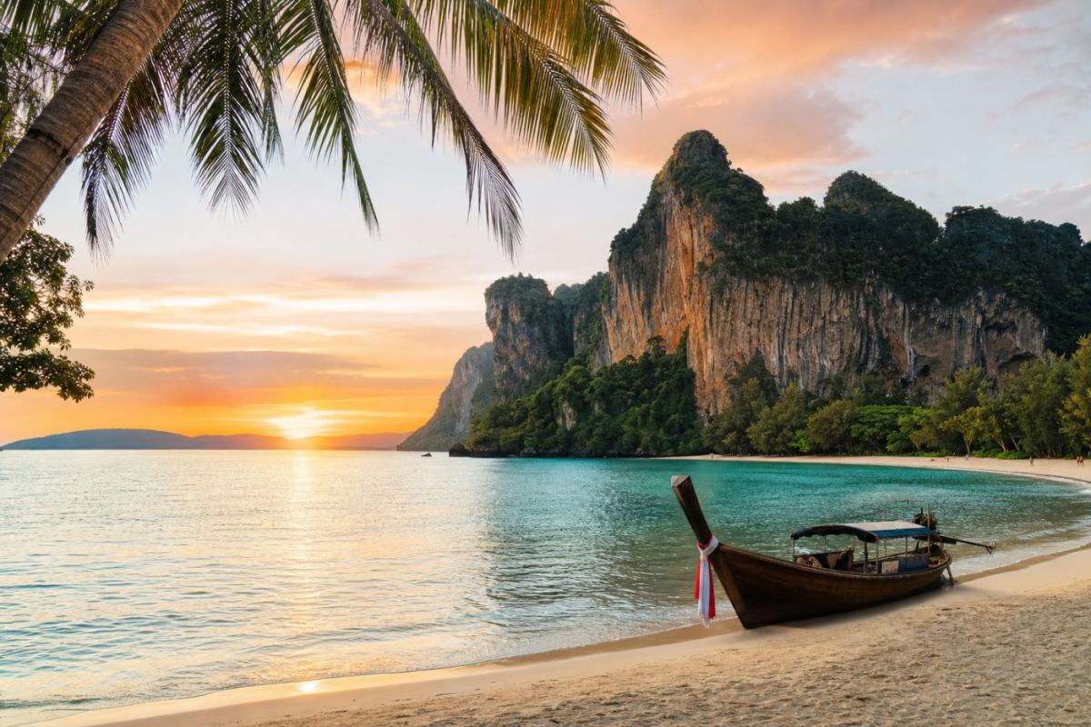 Dramatiska kalkstensklippor reser sig ur turkost vatten vid en palmkantad strand i Krabi