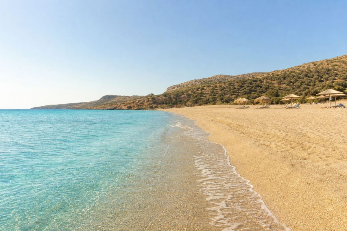 Solig sandstrand med turkost vatten och olivklädda berg i bakgrunden på Kreta