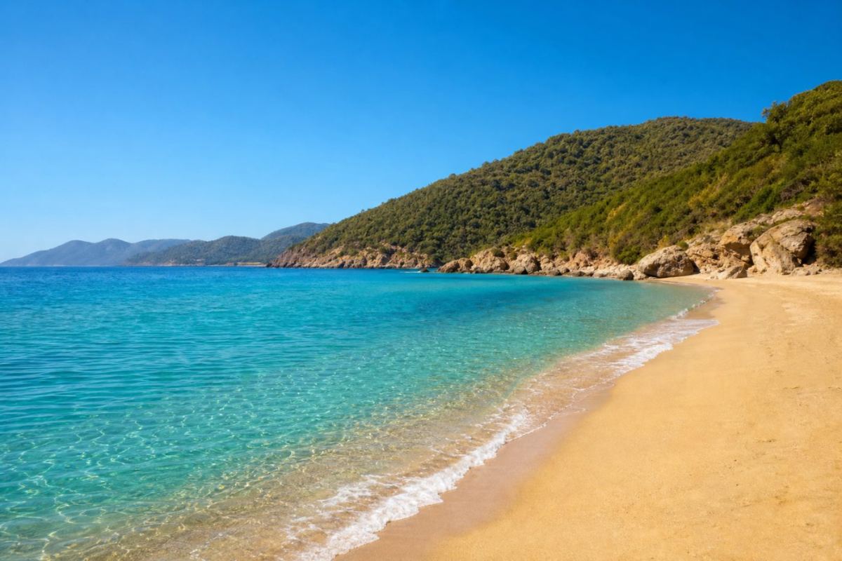 Solig strandvik i Kusadasi vid Egeiska havet med turkosblått vatten och böljande kullar