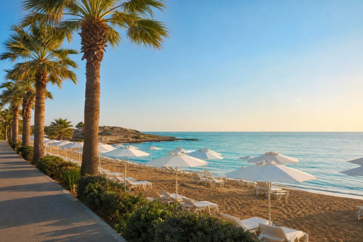 Palmkantad strandpromenad med solstolar och turkost Medelhav i Larnaca, Cypern