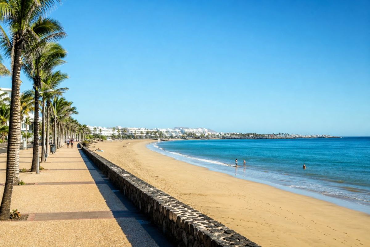Solig stadsstrand med lång palmkantad strandpromenad och atlantisk kustlinje i Las Palmas, Spanien