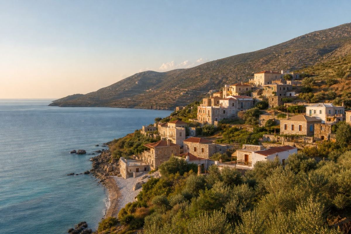 Frodig kustby på Lesbos med stenhus uppför en bergssluttning och blågrönt Egeiska hav