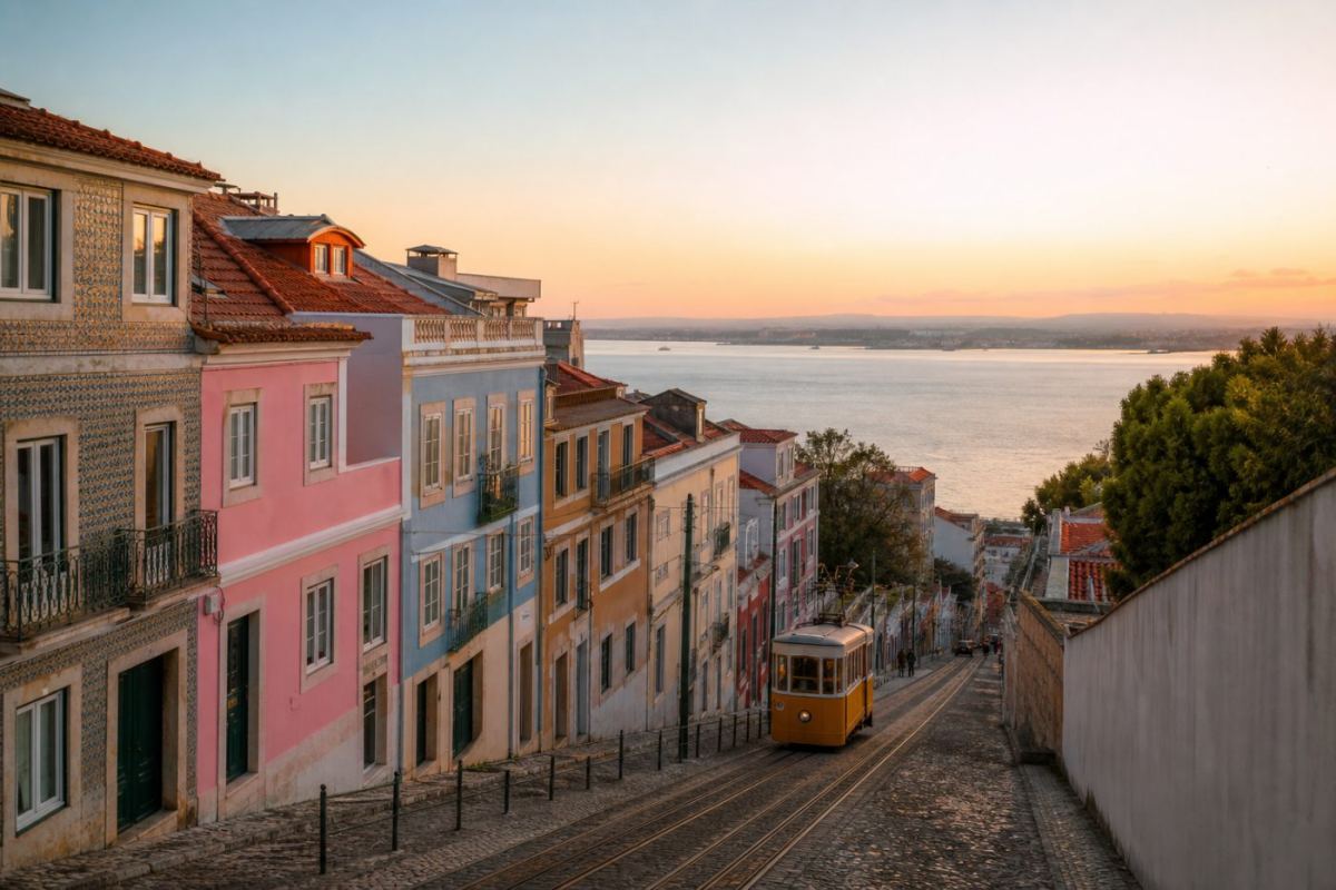 Pastellfärgade hus och en gul spårvagn i en backig gränd med utsikt mot floden i Lissabon