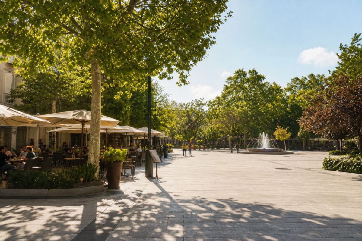 Soligt torg i Madrid med uteserveringar och flanerande människor en vårdag