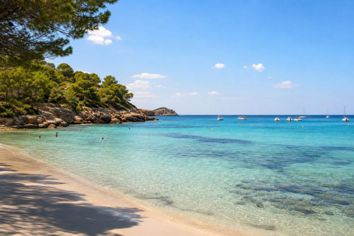 Solig strandvik på Mallorca med turkost vatten, klippor och båtar i Medelhavet