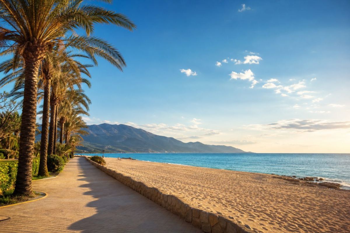 Solig strandpromenad med palmer och Medelhavet vid Marbella på Costa del Sol